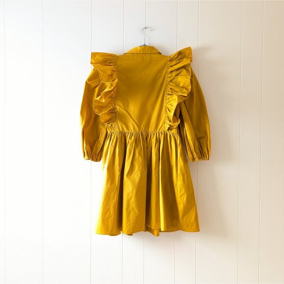 Zara Warm Yellow Short Shirt Dress With Lapels Ruffle Detail Collar, size XS - Picture 3 of 8